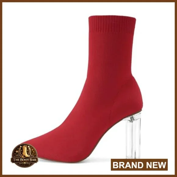 Knit Sock Ankle Boots Pointed Toe Clear Mid Heel Slip-On Stretch Booties - Picture 5 of 6